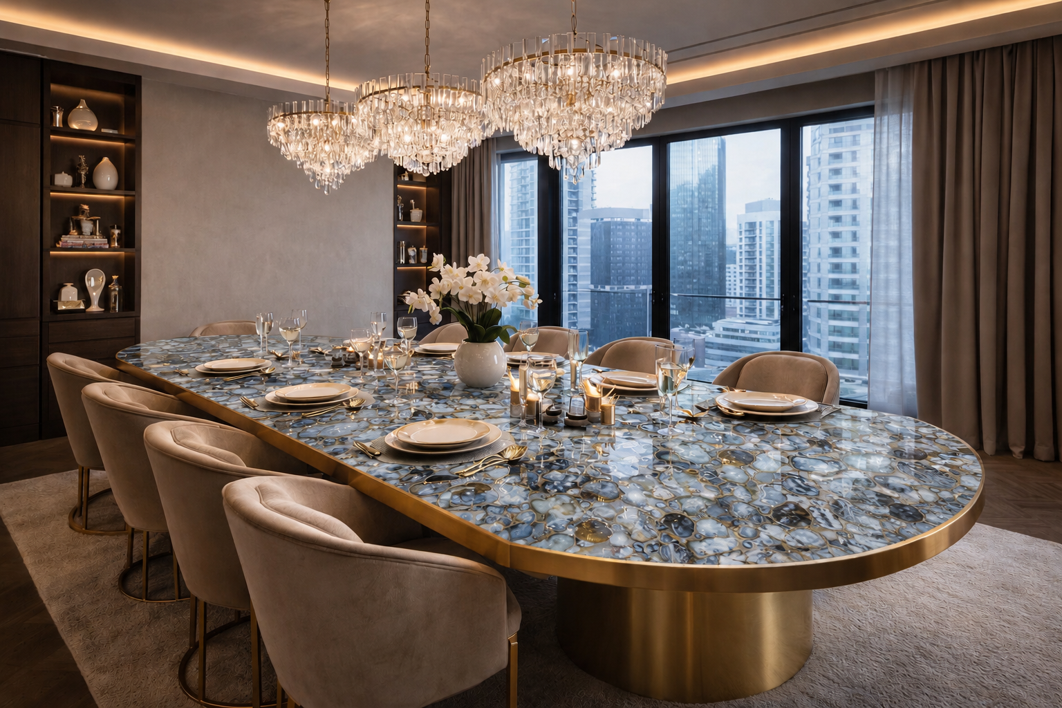 Blue agate table, semi-precious stone