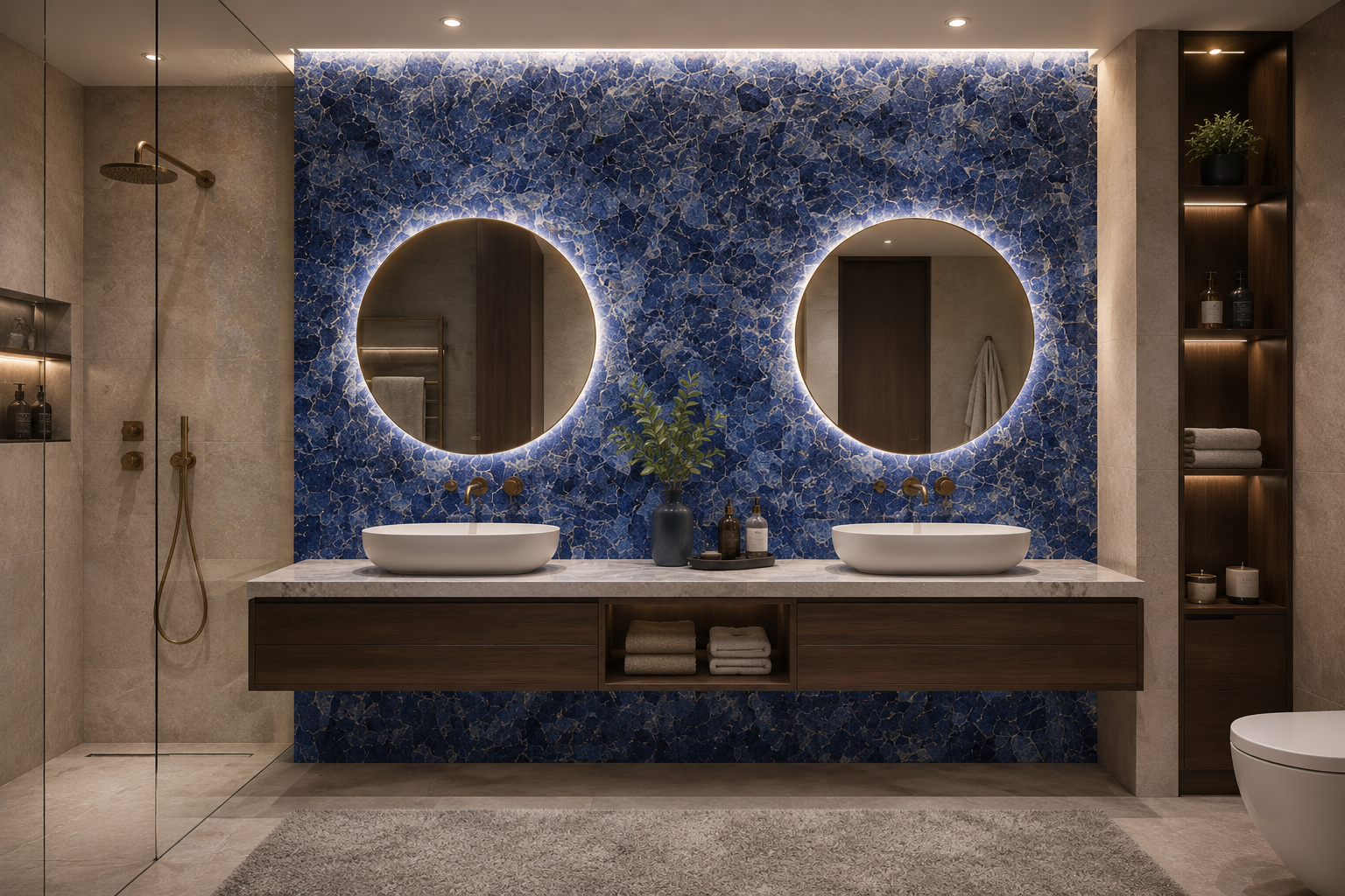 Blue sodalite bathroom wall with silver details