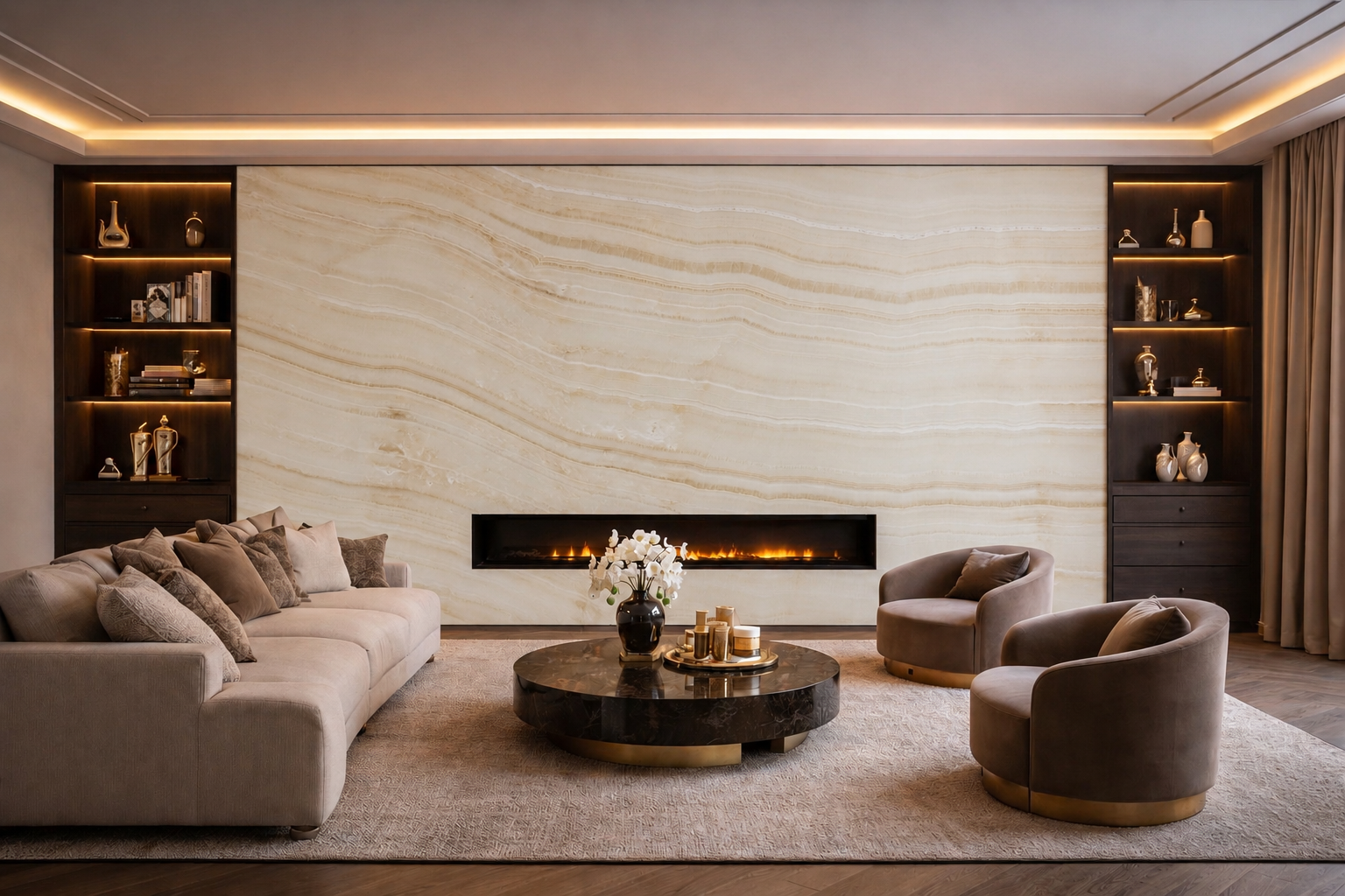 Backlit onyx wall in luxury living room