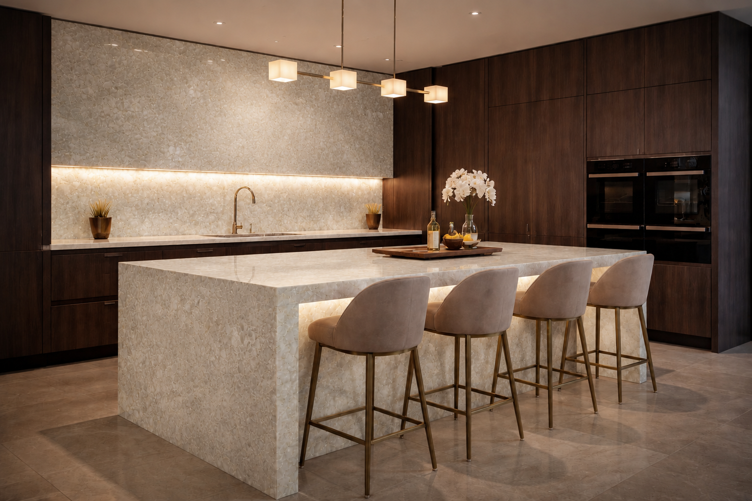 Piano cucina in quarzo bianco con venature oro